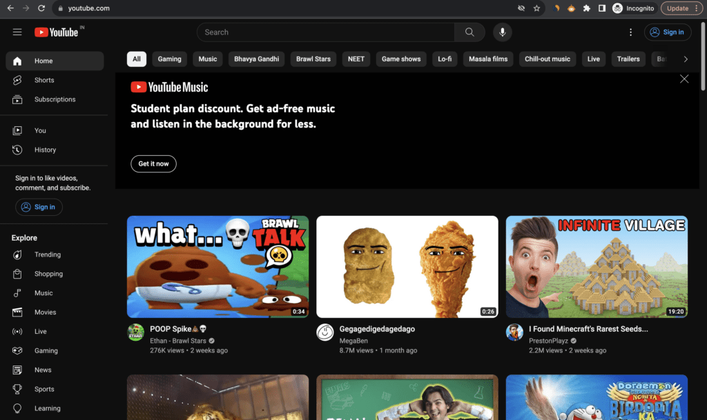 went back to YouTube homepage 